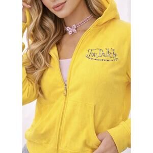 Vintage Von Dutch Yellow Glitter Zip Hoodie Y2K Logo Sweater Girls Youth Small